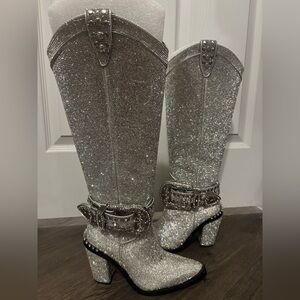 Dolls Kill / Club Exx Silver Sharp Sheriff Shine Knee High Boots